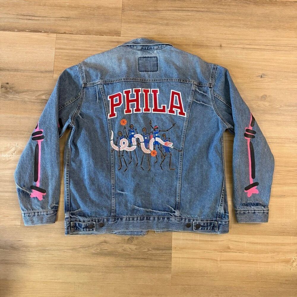 Levis X Gianni Lee Studio Phila 76ers Blue Denim Jacket Size XXL Rare Grail Hype